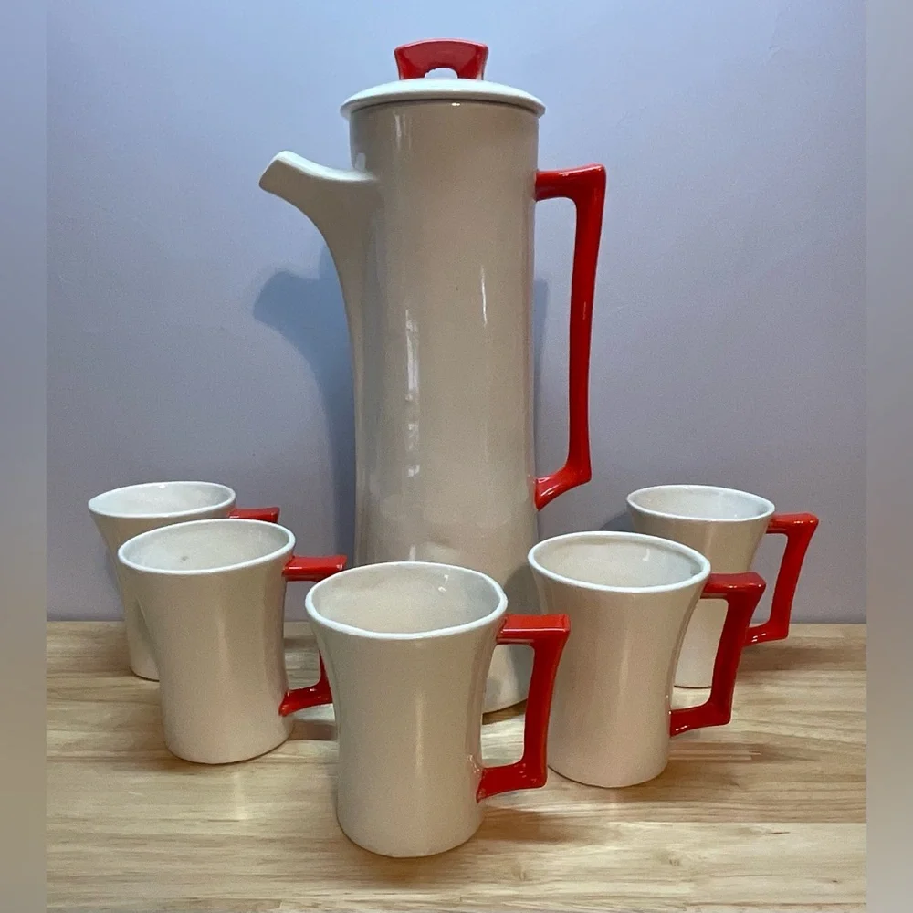🎄Vintage MCM Arners Poinsettia Flower  Christmas Chocolate Pot & 5 Matching Mugs - Picture 10 of 14